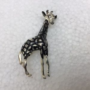 Brooch Giraffe silver plate with rhinestones 2 1/2 inches